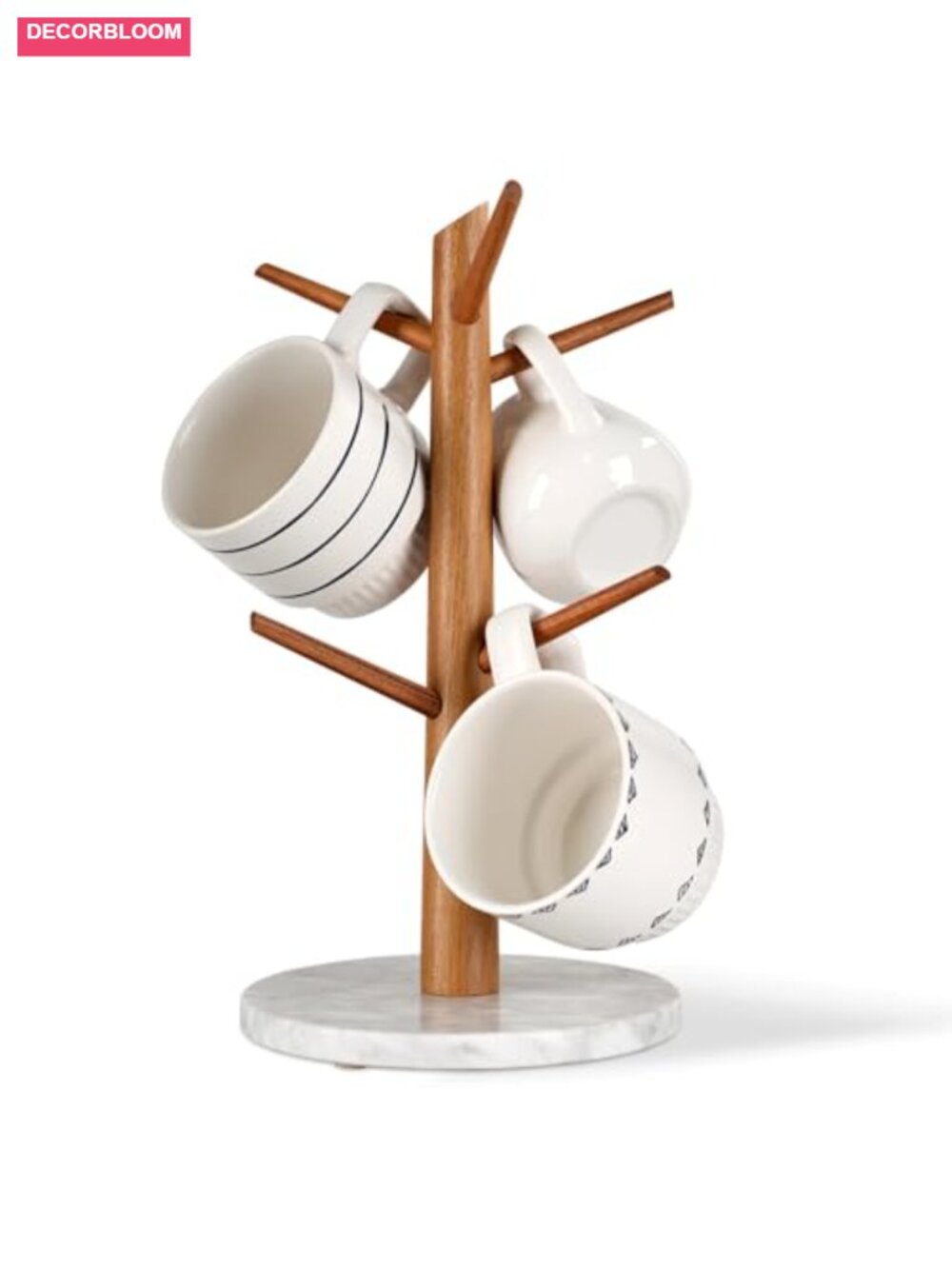 Acacia Wood Mug Tree with Solid Marble Base - 6 Hooks Coffee Station Organizer